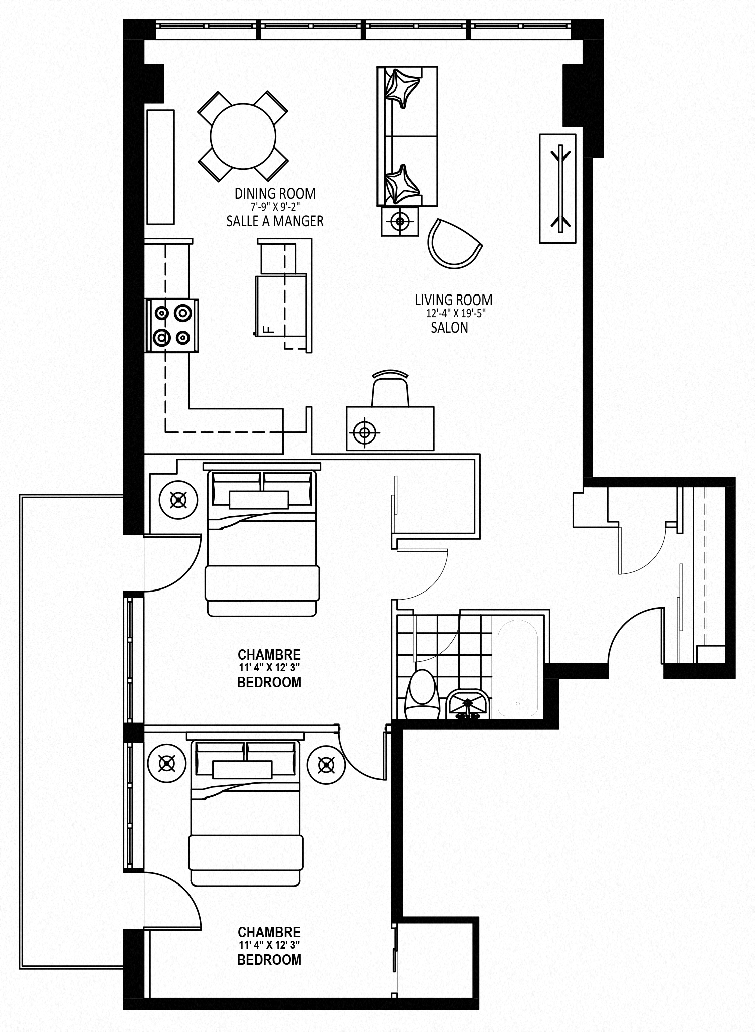 Floor plan for 2 beds, 1 bath, 932 sqft